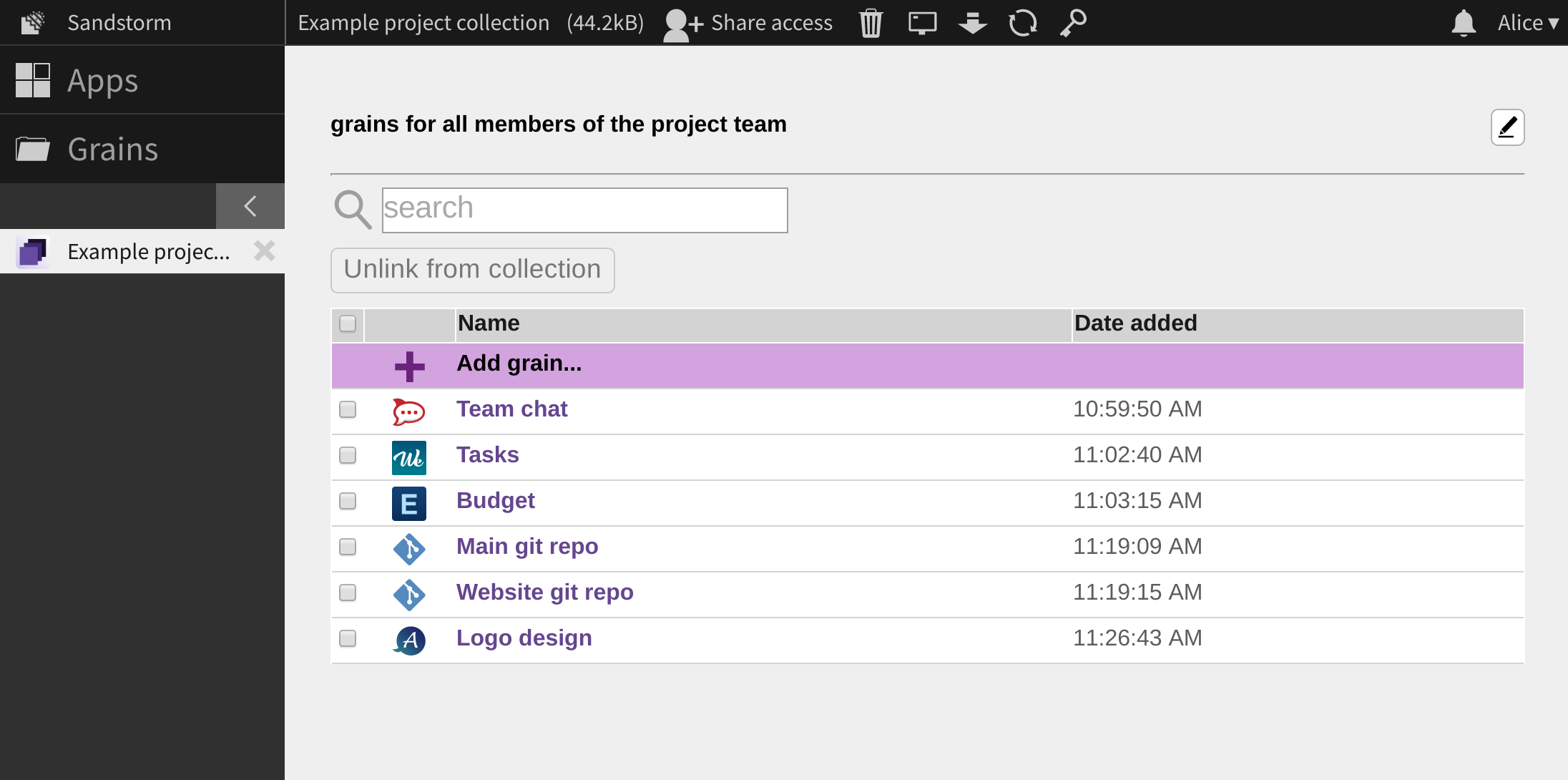 a collection with a chatroom, a kanban board, a spreadsheet, and two git repos